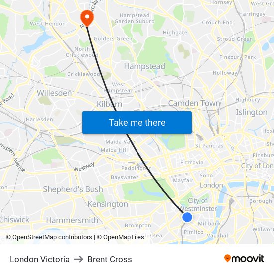 London Victoria to Brent Cross map