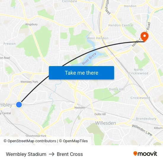 Wembley Stadium to Brent Cross map