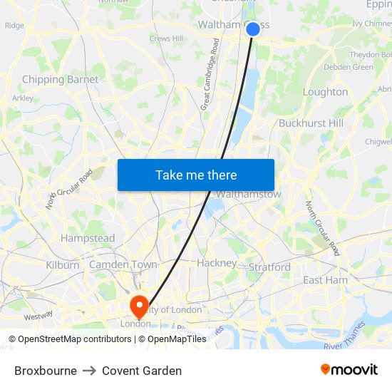 Broxbourne to Covent Garden map