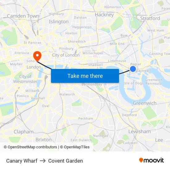 Canary Wharf to Covent Garden map