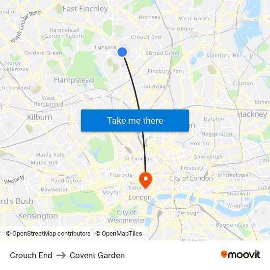 Crouch End to Covent Garden map