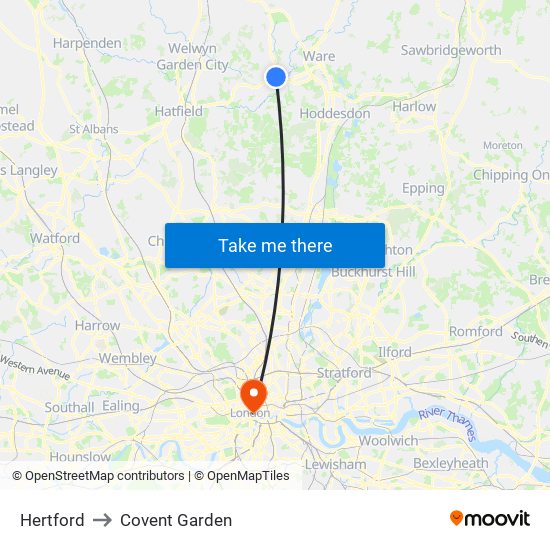 Hertford to Covent Garden map