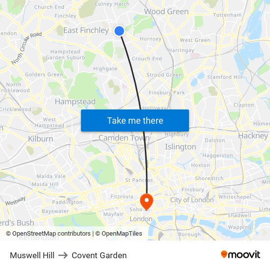 Muswell Hill to Covent Garden map