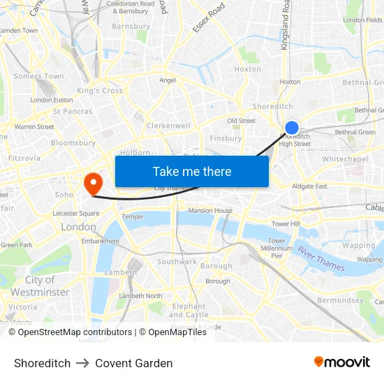 Shoreditch to Covent Garden map