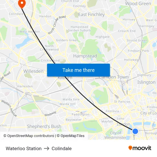 Waterloo Station to Colindale map