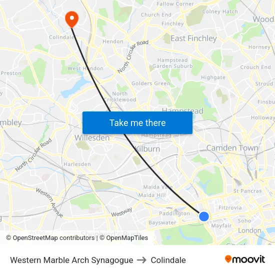 Western Marble Arch Synagogue to Colindale map