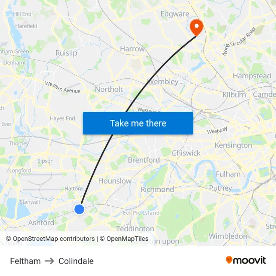 Feltham to Colindale map