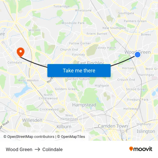Wood Green to Colindale map