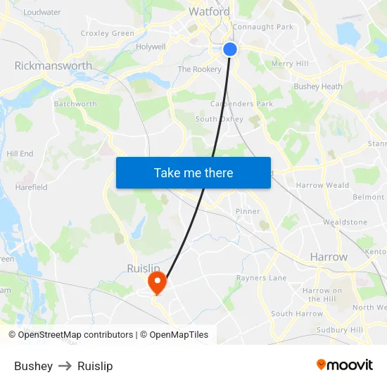 Bushey to Ruislip map