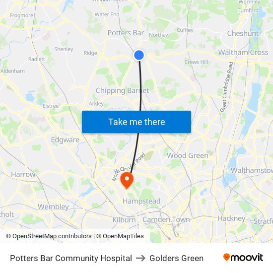 Potters Bar Community Hospital to Golders Green map