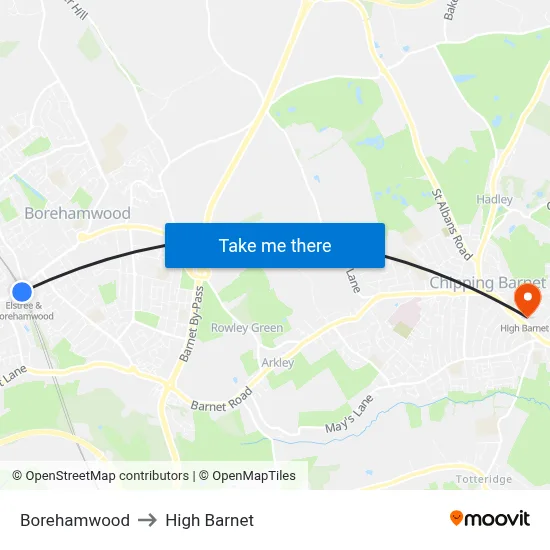 Borehamwood to High Barnet map