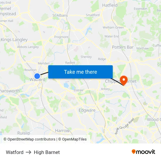 Watford to High Barnet map