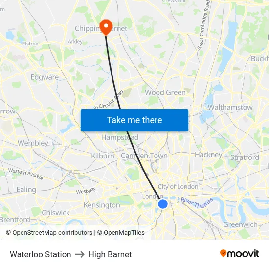 Waterloo Station to High Barnet map