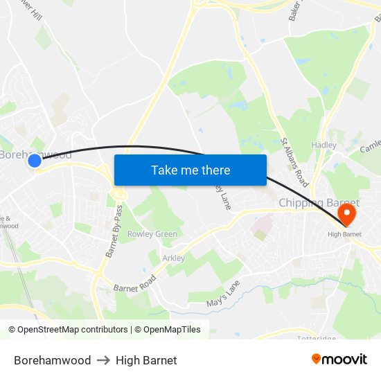Borehamwood to High Barnet map
