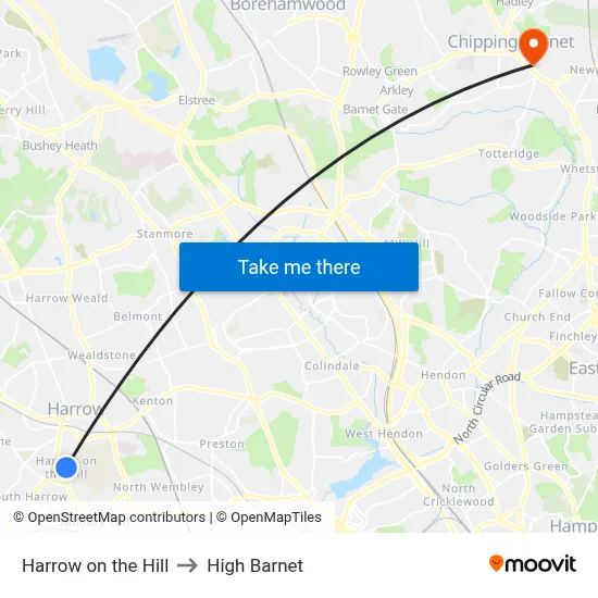 Harrow on the Hill to High Barnet map