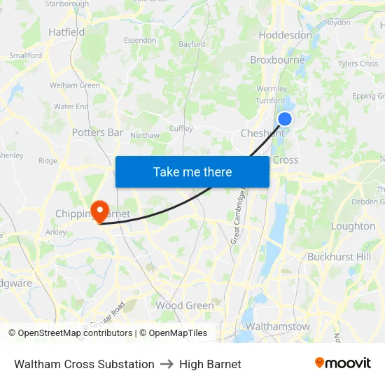 Waltham Cross Substation to High Barnet map
