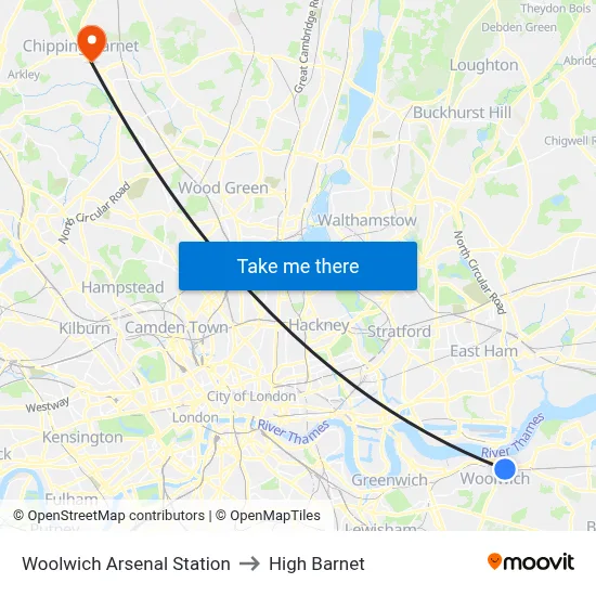 Woolwich Arsenal Station to High Barnet map
