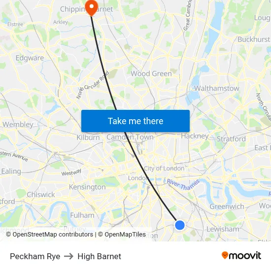 Peckham Rye to High Barnet map