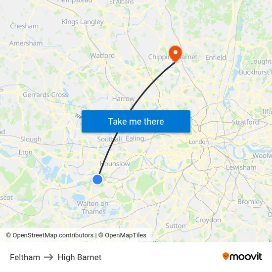 Feltham to High Barnet map