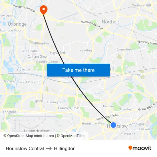 Hounslow Central to Hillingdon map