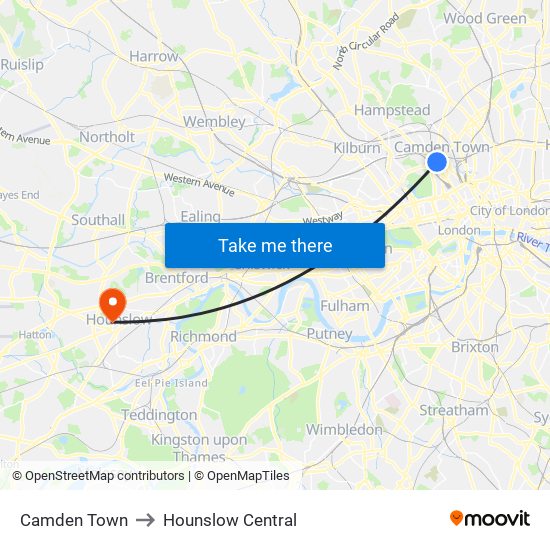 Camden Town to Hounslow Central map