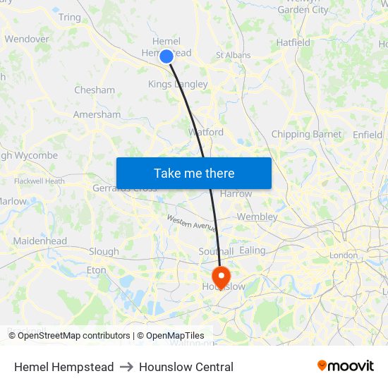 Hemel Hempstead to Hounslow Central map