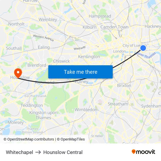 Whitechapel to Hounslow Central map