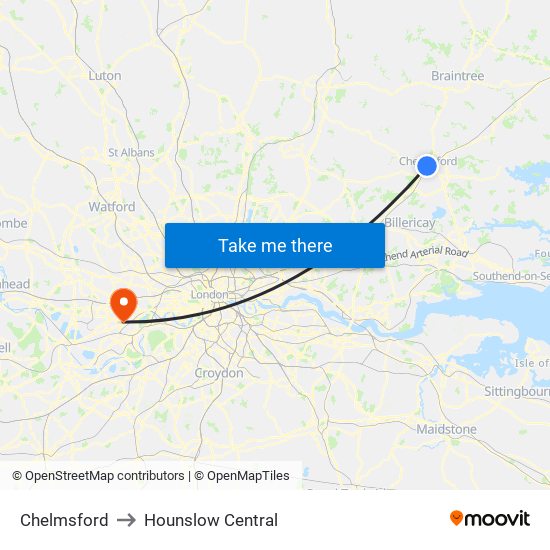 Chelmsford to Hounslow Central map