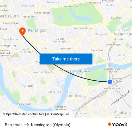 Battersea to Kensington (Olympia) map