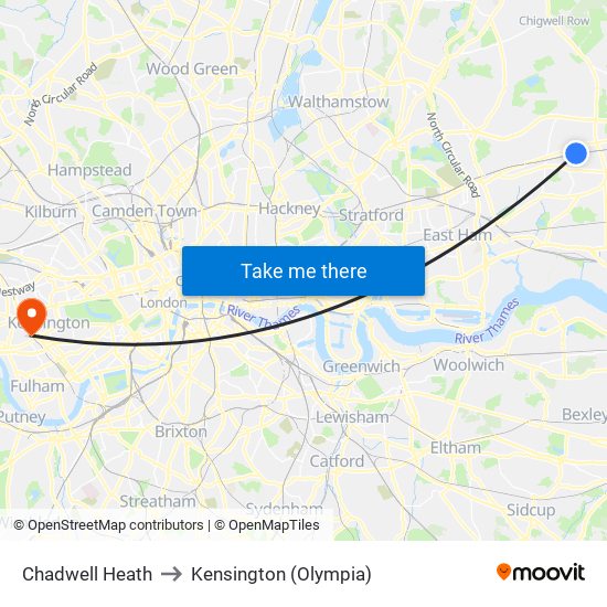 Chadwell Heath to Kensington (Olympia) map