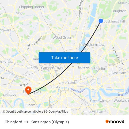 Chingford to Kensington (Olympia) map