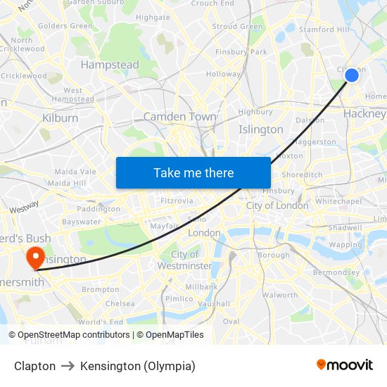 Clapton to Kensington (Olympia) map