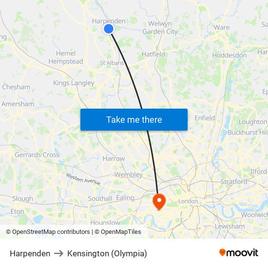 Harpenden to Kensington (Olympia) map