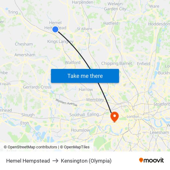 Hemel Hempstead to Kensington (Olympia) map