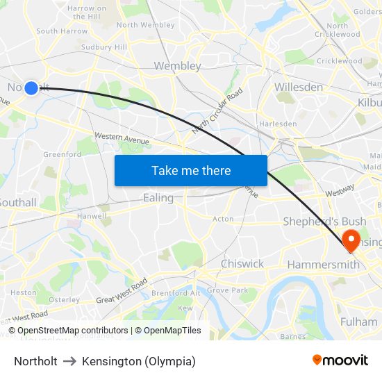 Northolt to Kensington (Olympia) map