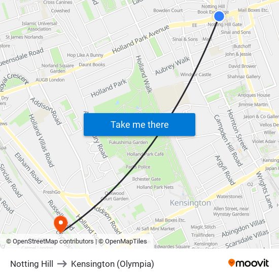 Notting Hill to Kensington (Olympia) map