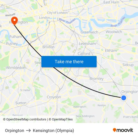 Orpington to Kensington (Olympia) map