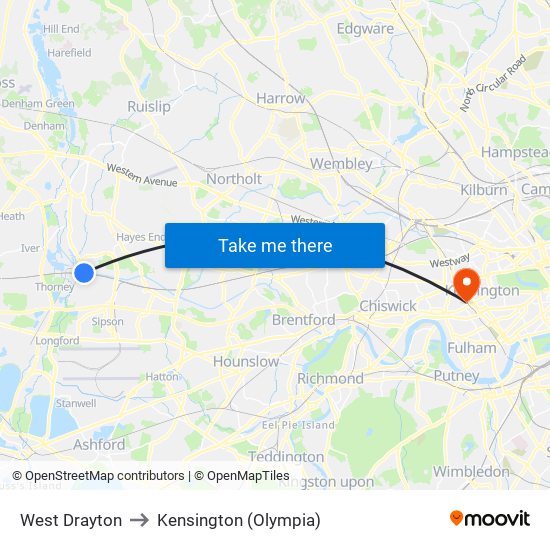 West Drayton to Kensington (Olympia) map