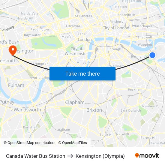 Canada Water Bus Station to Kensington (Olympia) map