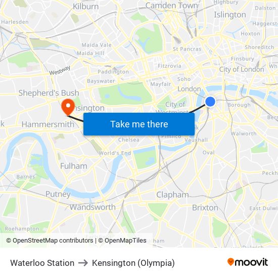 Waterloo Station to Kensington (Olympia) map