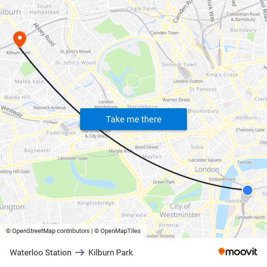 Waterloo Station to Kilburn Park map