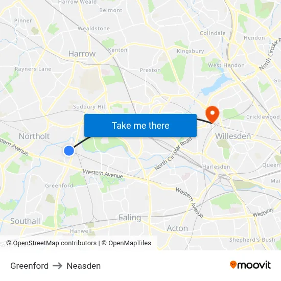 Greenford to Neasden map