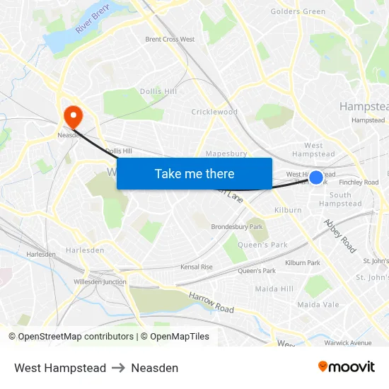 West Hampstead to Neasden map