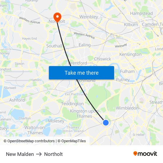 New Malden to Northolt map