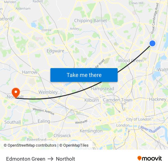 Edmonton Green to Northolt map