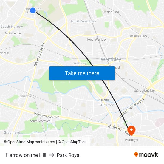 Harrow on the Hill to Park Royal map