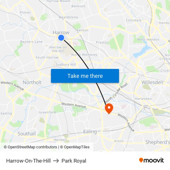 Harrow-On-The-Hill to Park Royal map