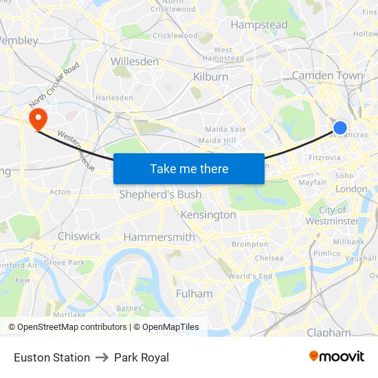 Euston Station to Park Royal map