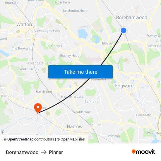 Borehamwood to Pinner map