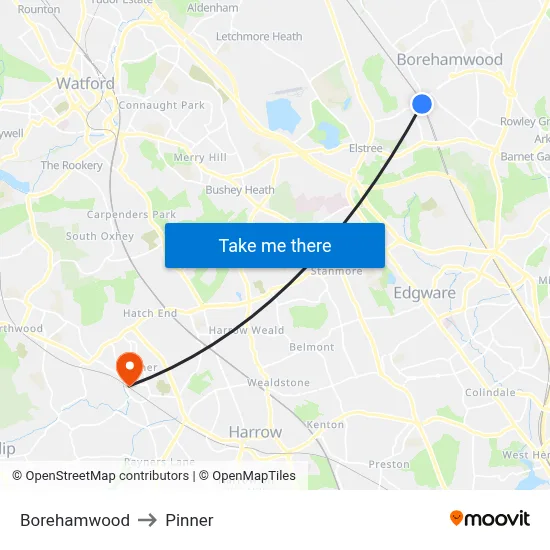 Borehamwood to Pinner map